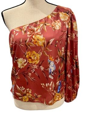 Express Floral Satin Blouse in Rust and Yellow
